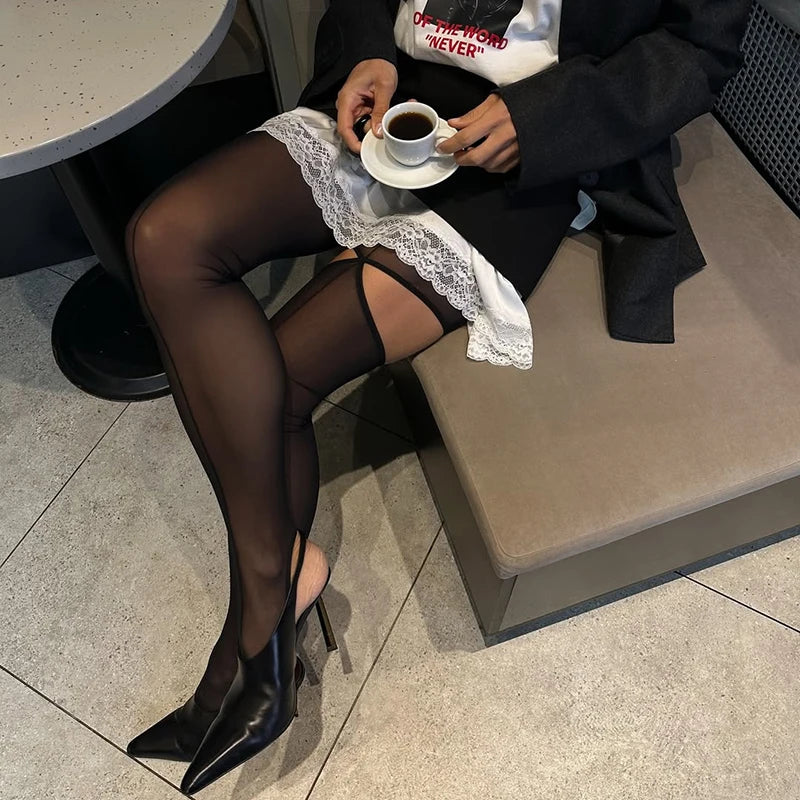 Black Line Tights Women Streetwear Stocking